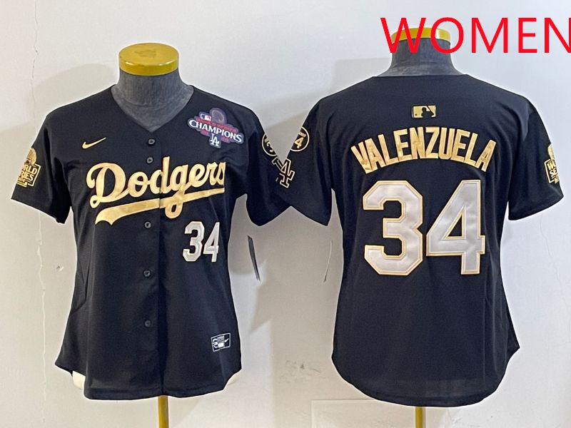 Women Los Angeles Dodgers 34 Valenzuela Black Gold Game 2025 Nike MLB Jersey style 3